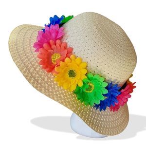 GROOVY GLAM Flower Power Beige Wide Brim Straw Hat with Rainbow Daisies